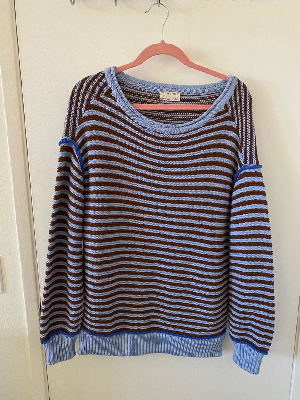 Free People Blue and Brown Striped Crewneck Sweater